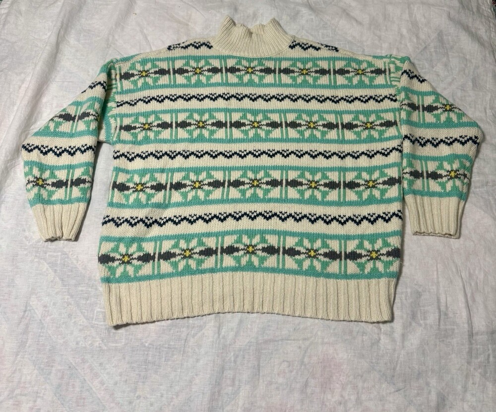 American Eagle Mock Neck Fair Isle Winter Oversized Cream Knit Sweater Womens M
